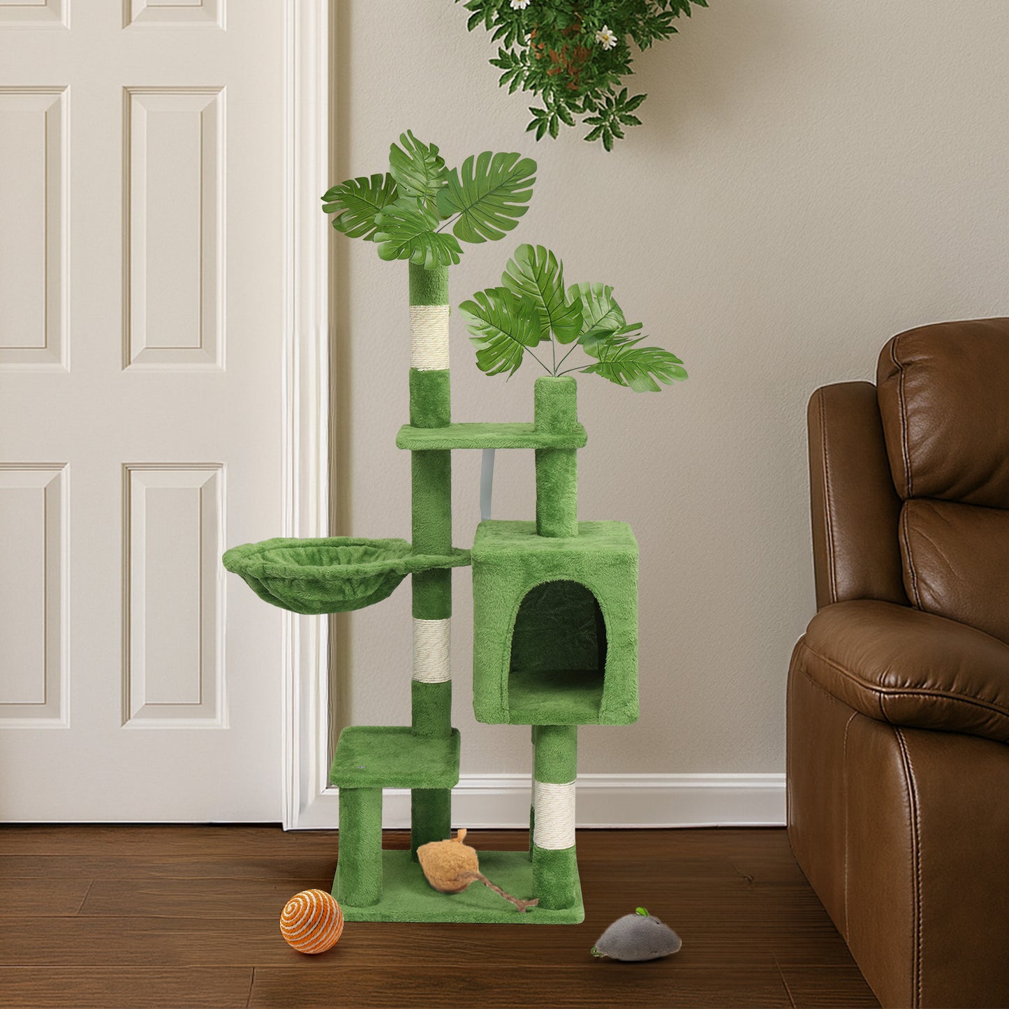 48in Plush Cat Tree with Leaves, Multi-level Cat Tower with Cat Condo, Cozy Hammock, Sisal Scratching Posts, Large Cat Pet Activity Center for Indoor Cats, Green