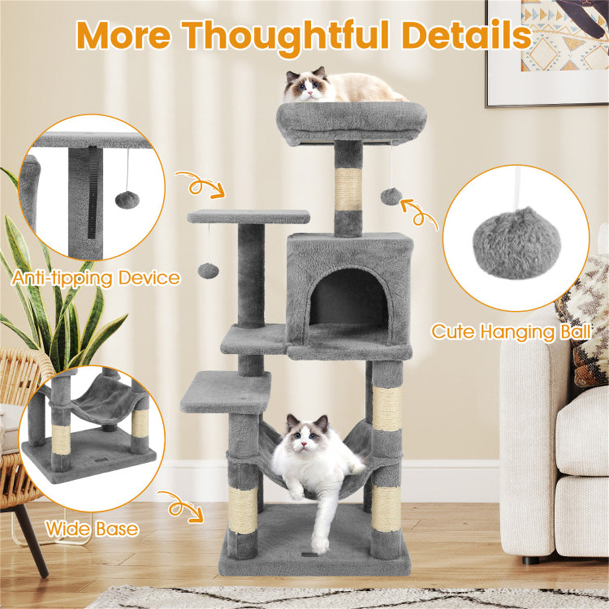 44" Multi-Level Cat Tree with Spacious Top Perch, 2-Door Condo & Hammock for Indoor Cats -Light Gray