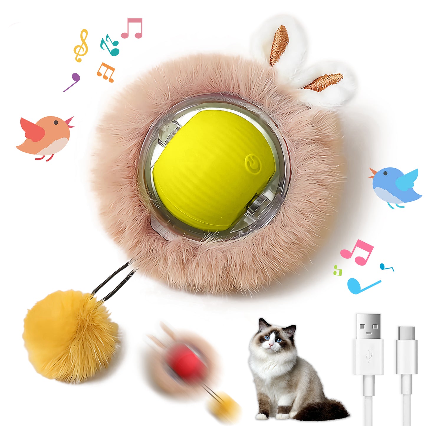 Interactive Electric Plush Cat Toy Ball-Interactive Cat Toys for Indoor Cats,Motion Activated Automatic Moving Ball with Lights,Electric Self Rotating Ball with Chirping,with Fluffy Tail and Bunny Ears for Indoor Pets