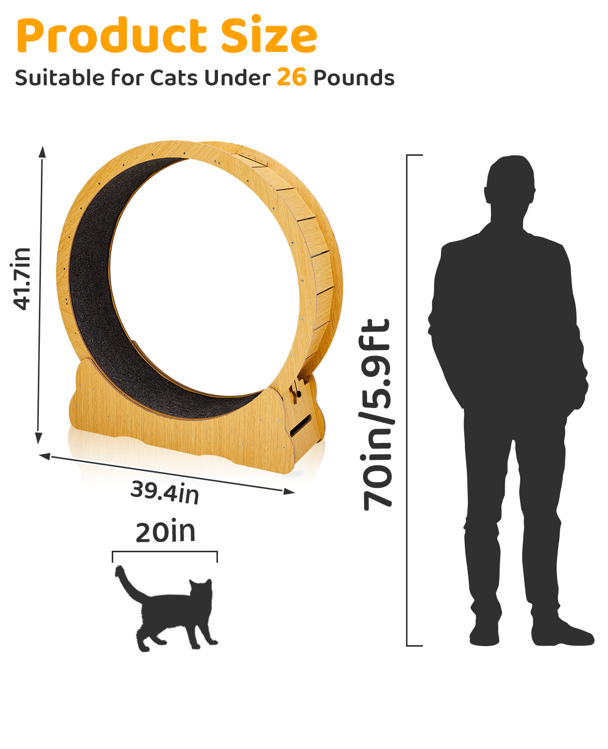 Cat Wheel Exerciser for Indoor Cats, 39.4-inch Large Cat Exercise Wheel for Running Silent, Cat Treadmill with Safety Lock for Cat's Fitness and Health, Natural Wood
