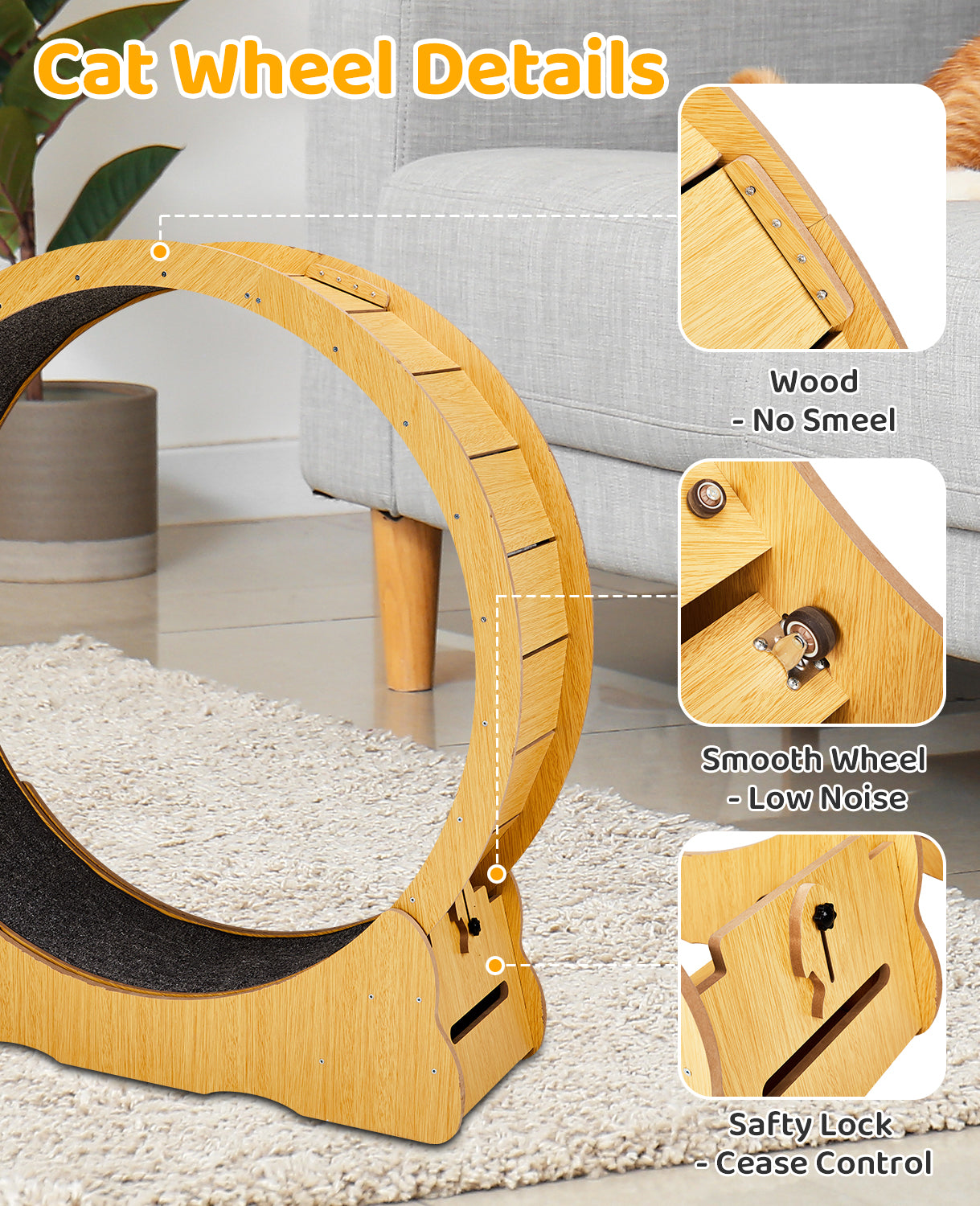 Cat Wheel Exerciser for Indoor Cats, 39.4-inch Large Cat Exercise Wheel for Running Silent, Cat Treadmill with Safety Lock for Cat's Fitness and Health, Natural Wood