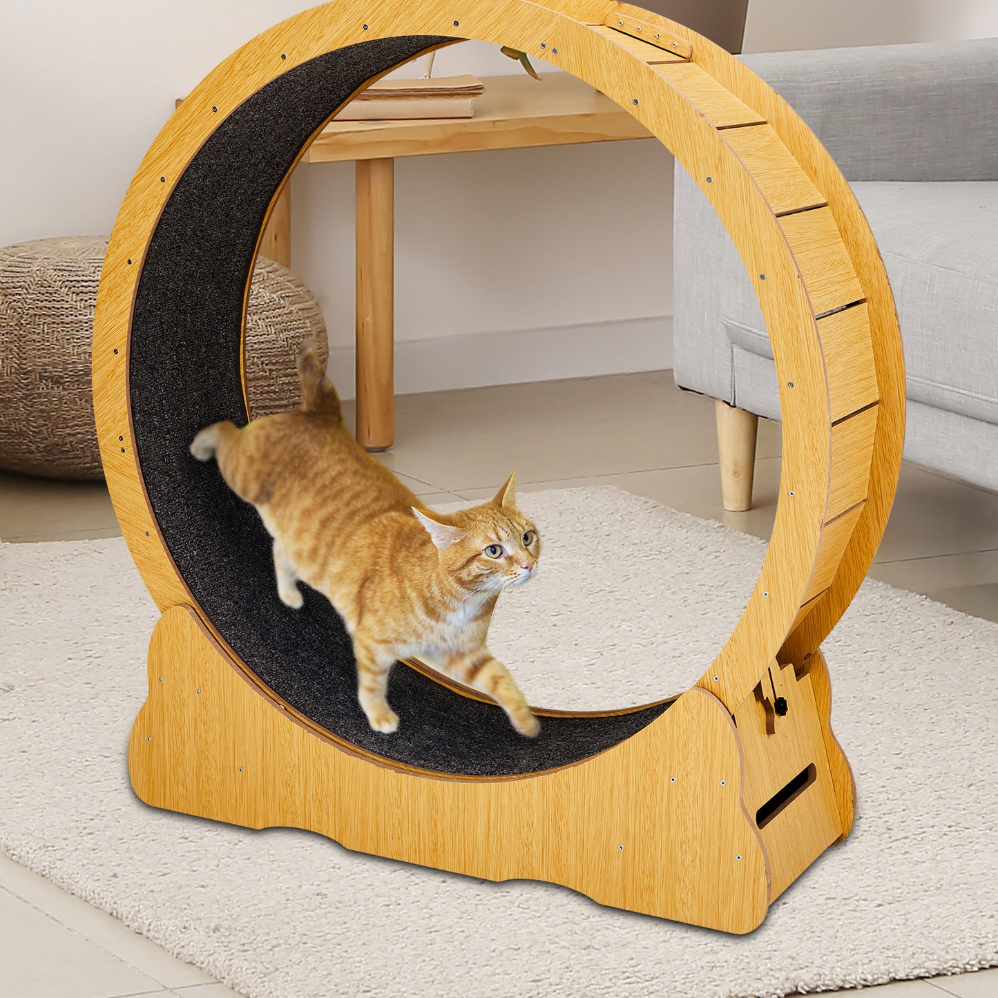 Cat Wheel Exerciser for Indoor Cats, 39.4-inch Large Cat Exercise Wheel for Running Silent, Cat Treadmill with Safety Lock for Cat's Fitness and Health, Natural Wood