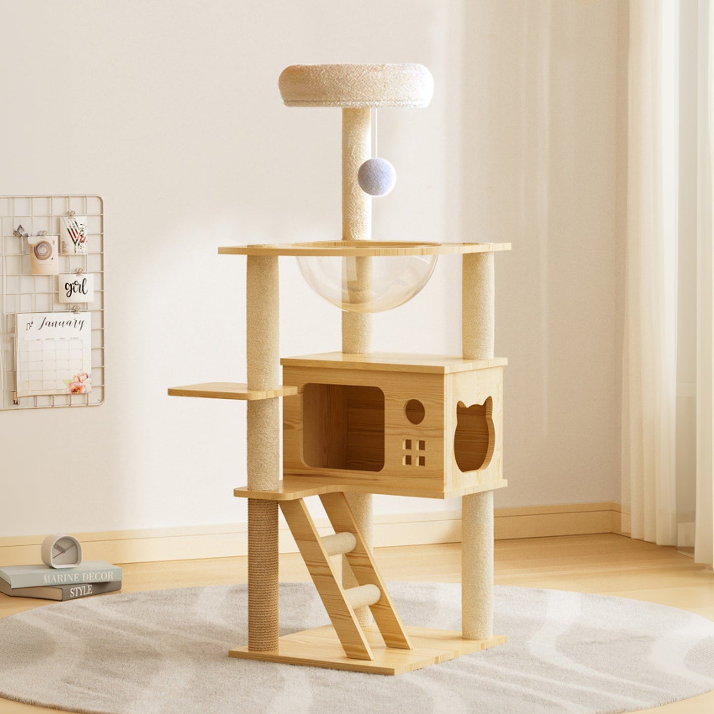 48.8" Modern Cat Tower, Wood Cat Tree Tower for Indoor Cats, Cat Treewith Sisal-Covered Scratching Posts and Top Perch, Cat Condo with Acrylic Hammock for Small Large Cats -Does not support self pick