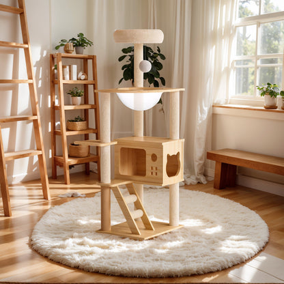 48.8" Modern Cat Tower, Wood Cat Tree Tower for Indoor Cats, Cat Treewith Sisal-Covered Scratching Posts and Top Perch, Cat Condo with Acrylic Hammock for Small Large Cats -Does not support self pick