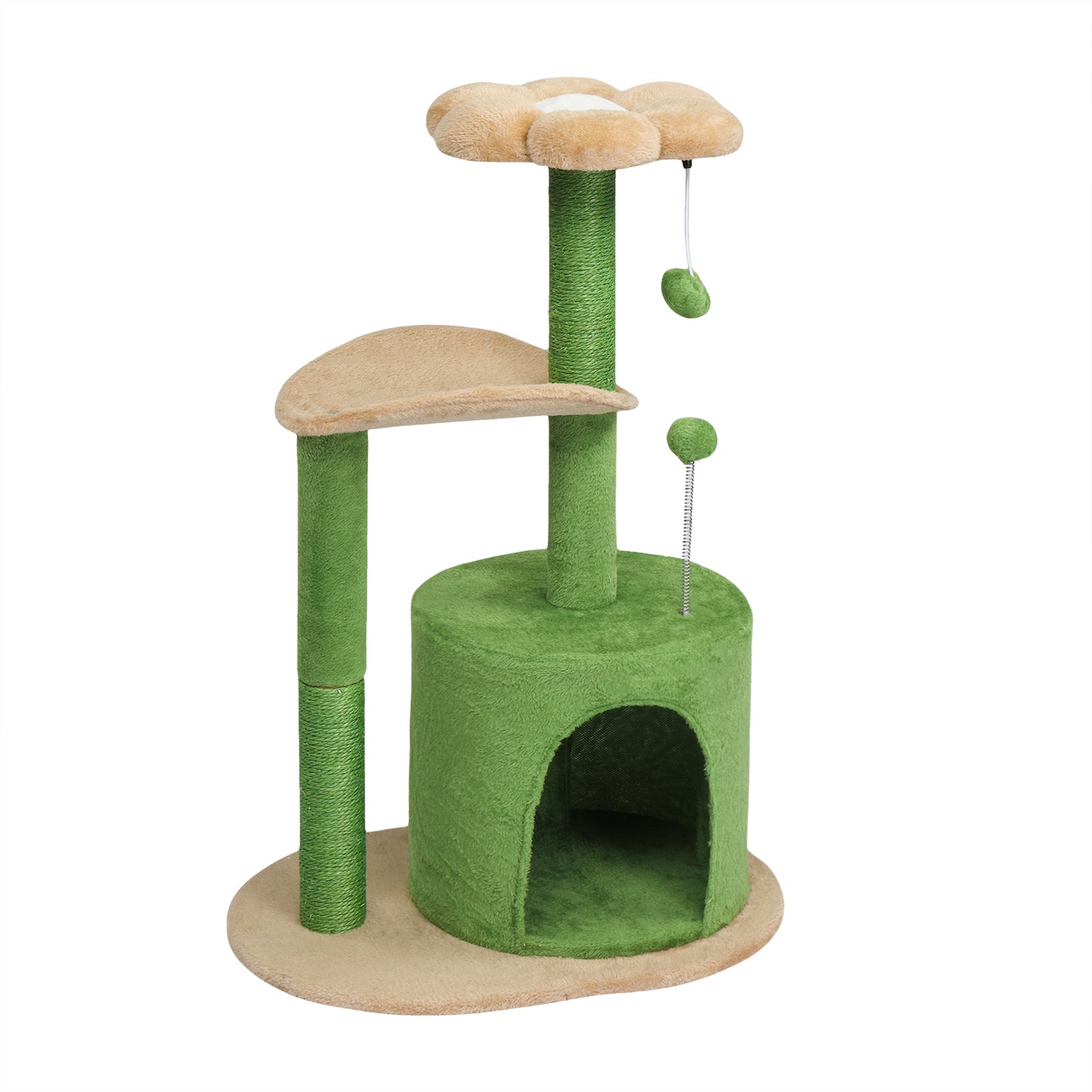 33in Cat Tree, Multi-level Cat Tower with Cat Scratching Post with Curved Perch, Cozy Cat Condo, Padded Top Bed for Kittens and Indoor Cats, Beige & Green
