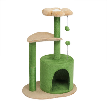33in Cat Tree, Multi-level Cat Tower with Cat Scratching Post with Curved Perch, Cozy Cat Condo, Padded Top Bed for Kittens and Indoor Cats, Beige & Green