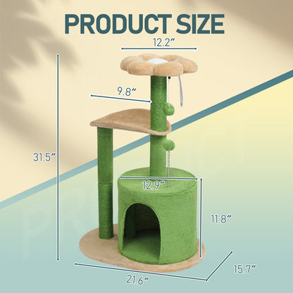 33in Cat Tree, Multi-level Cat Tower with Cat Scratching Post with Curved Perch, Cozy Cat Condo, Padded Top Bed for Kittens and Indoor Cats, Beige & Green