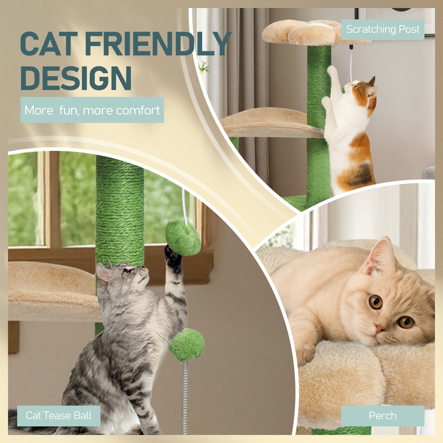33in Cat Tree, Multi-level Cat Tower with Cat Scratching Post with Curved Perch, Cozy Cat Condo, Padded Top Bed for Kittens and Indoor Cats, Beige & Green