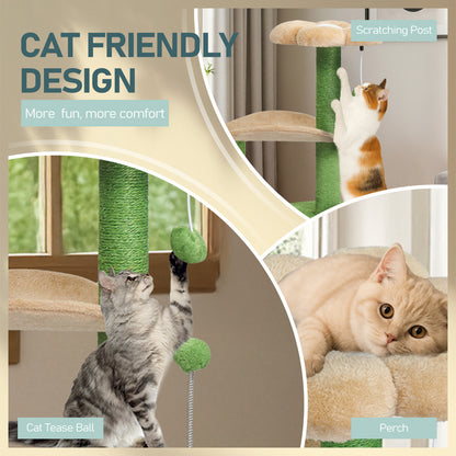 33in Cat Tree, Multi-level Cat Tower with Cat Scratching Post with Curved Perch, Cozy Cat Condo, Padded Top Bed for Kittens and Indoor Cats, Beige & Green