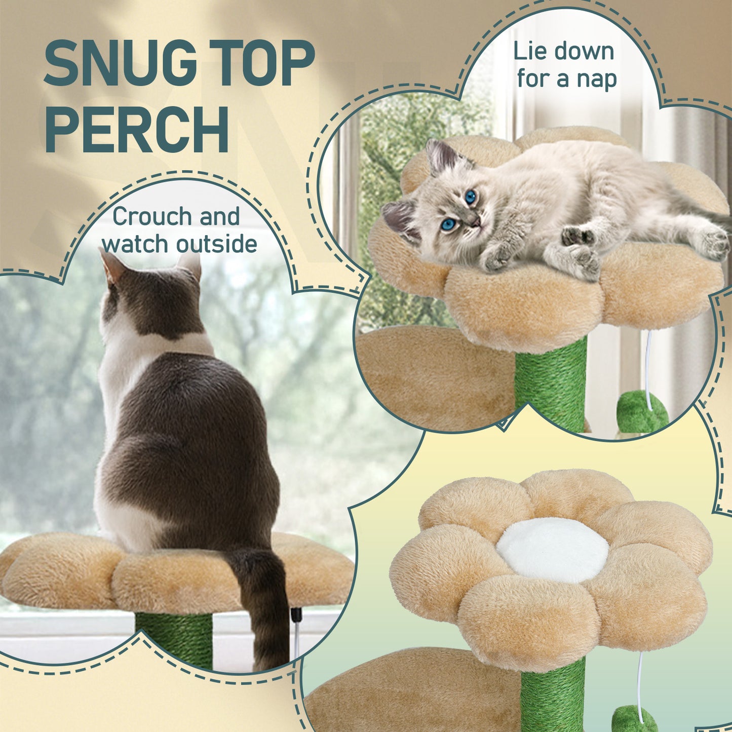 33in Cat Tree, Multi-level Cat Tower with Cat Scratching Post with Curved Perch, Cozy Cat Condo, Padded Top Bed for Kittens and Indoor Cats, Beige & Green
