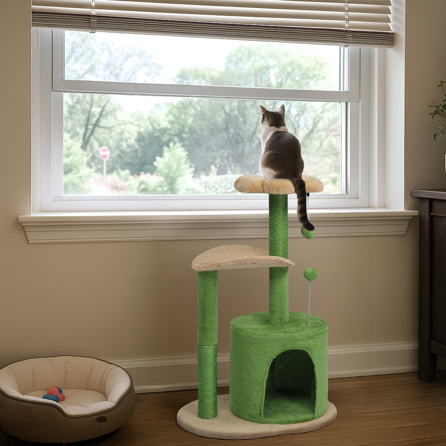 33in Cat Tree, Multi-level Cat Tower with Cat Scratching Post with Curved Perch, Cozy Cat Condo, Padded Top Bed for Kittens and Indoor Cats, Beige & Green