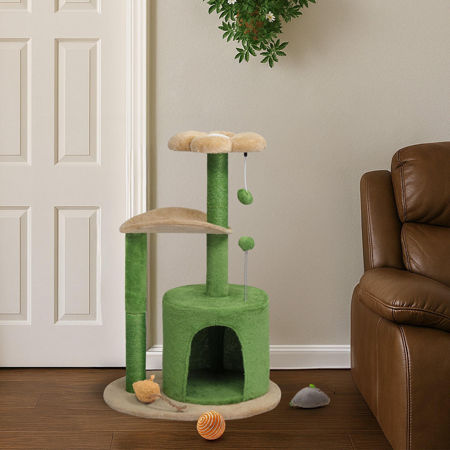33in Cat Tree, Multi-level Cat Tower with Cat Scratching Post with Curved Perch, Cozy Cat Condo, Padded Top Bed for Kittens and Indoor Cats, Beige & Green