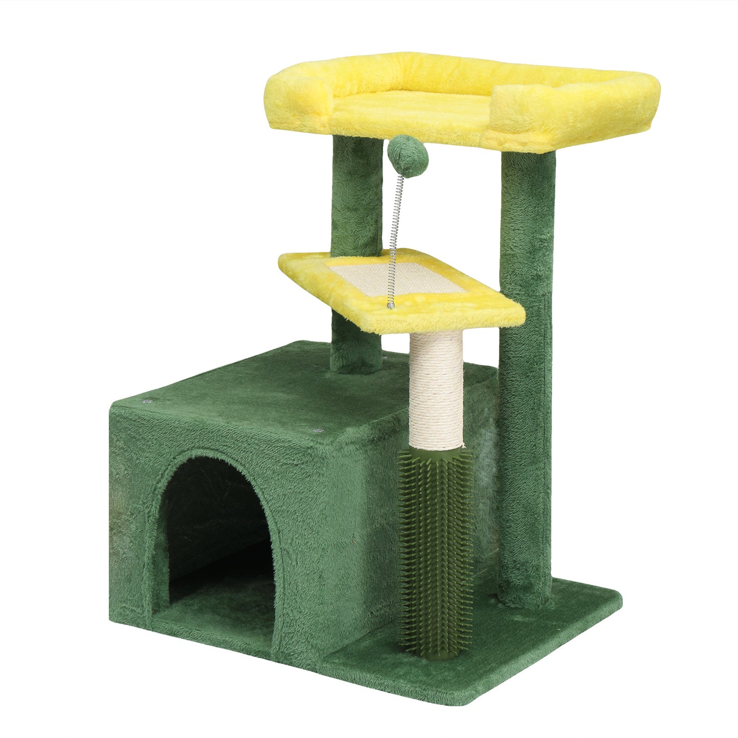 27.5in Cat Tree, Multi-level Cat Tower with Cat Scratching Post and Pad, Cozy Cat Condo, Padded Top Bed for Kittens and Indoor Cats, Yellow & Green