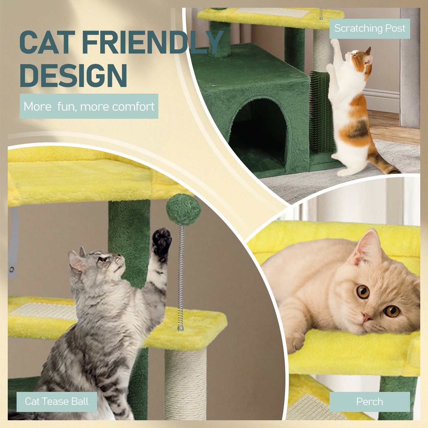 27.5in Cat Tree, Multi-level Cat Tower with Cat Scratching Post and Pad, Cozy Cat Condo, Padded Top Bed for Kittens and Indoor Cats, Yellow & Green