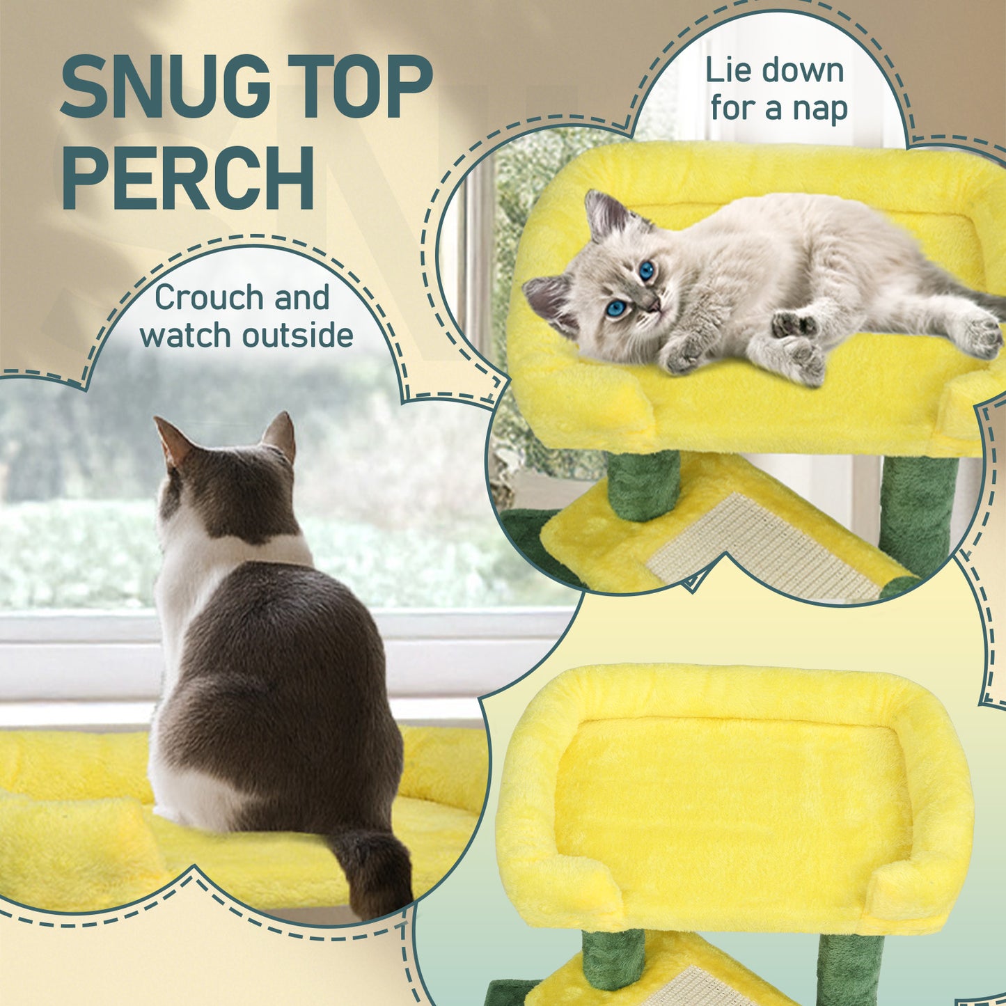 27.5in Cat Tree, Multi-level Cat Tower with Cat Scratching Post and Pad, Cozy Cat Condo, Padded Top Bed for Kittens and Indoor Cats, Yellow & Green