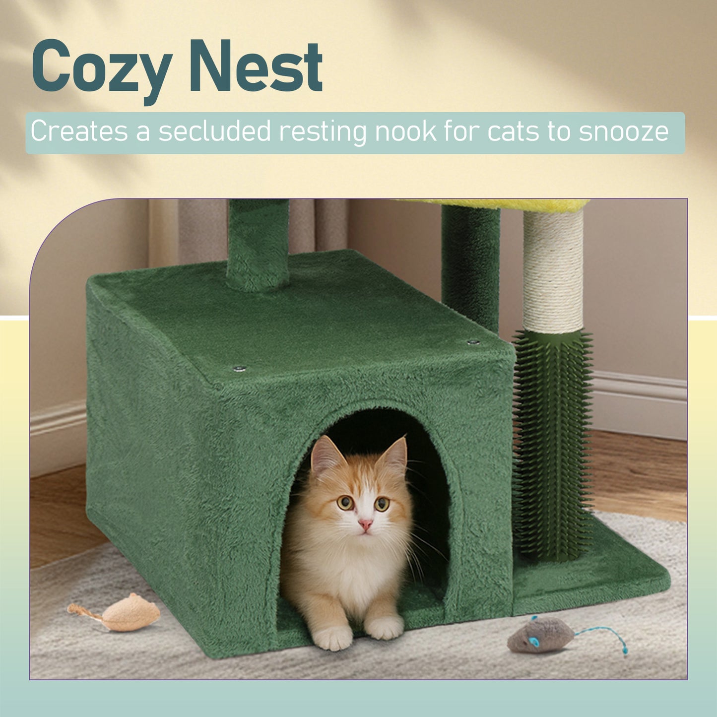 27.5in Cat Tree, Multi-level Cat Tower with Cat Scratching Post and Pad, Cozy Cat Condo, Padded Top Bed for Kittens and Indoor Cats, Yellow & Green