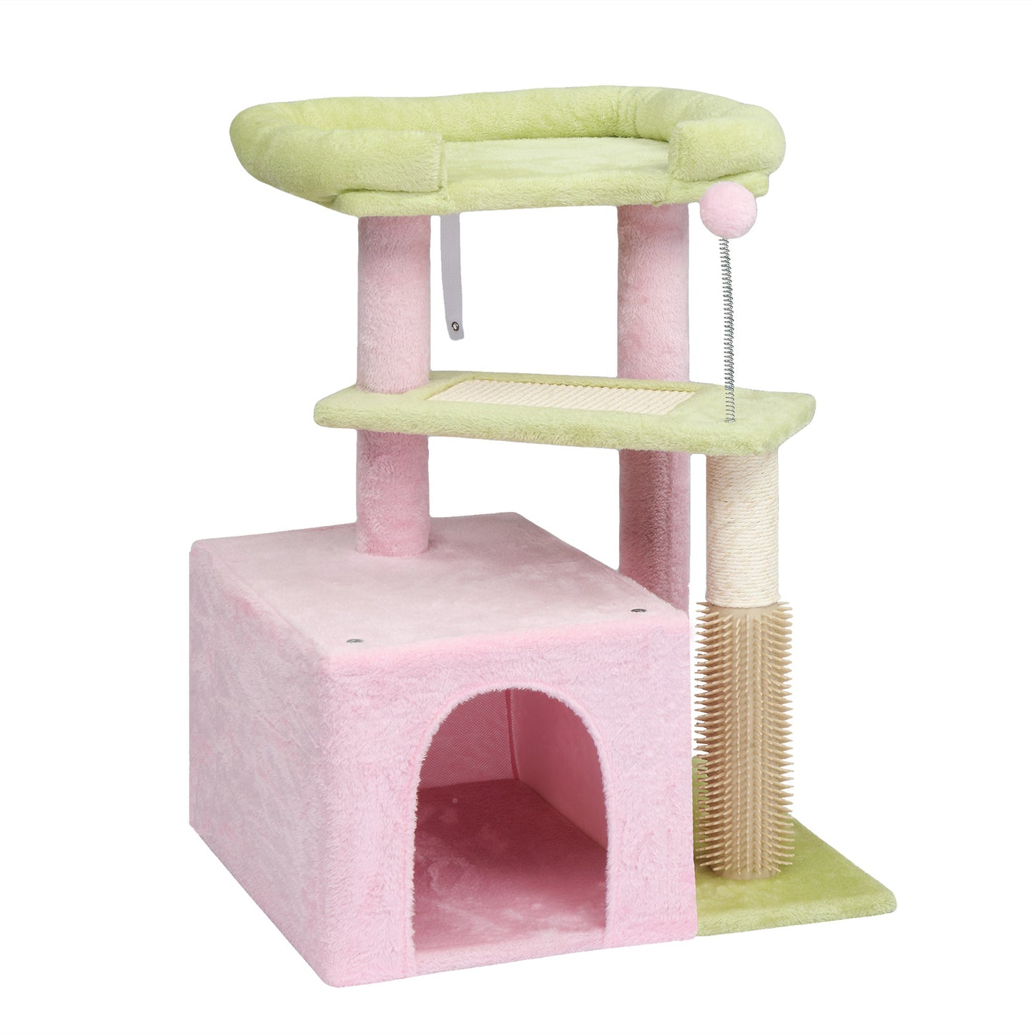 27.5in Cat Tree, Multi-level Cat Tower with Cat Scratching Post and Pad, Cozy Cat Condo, Padded Top Bed for Kittens and Indoor Cats, Pink & Green