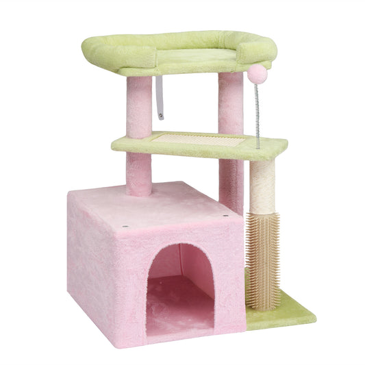 27.5in Cat Tree, Multi-level Cat Tower with Cat Scratching Post and Pad, Cozy Cat Condo, Padded Top Bed for Kittens and Indoor Cats, Pink & Green