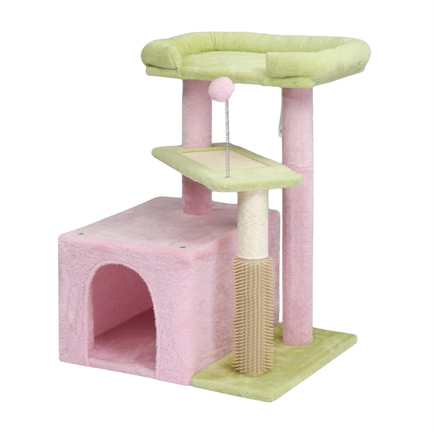 27.5in Cat Tree, Multi-level Cat Tower with Cat Scratching Post and Pad, Cozy Cat Condo, Padded Top Bed for Kittens and Indoor Cats, Pink & Green