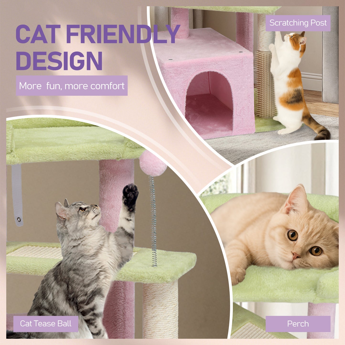 27.5in Cat Tree, Multi-level Cat Tower with Cat Scratching Post and Pad, Cozy Cat Condo, Padded Top Bed for Kittens and Indoor Cats, Pink & Green