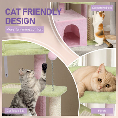 27.5in Cat Tree, Multi-level Cat Tower with Cat Scratching Post and Pad, Cozy Cat Condo, Padded Top Bed for Kittens and Indoor Cats, Pink & Green