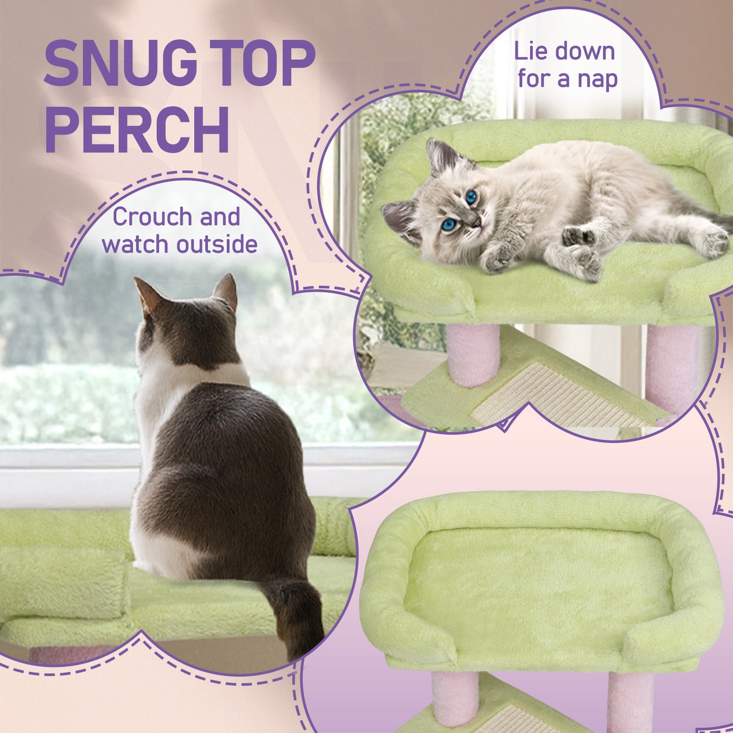 27.5in Cat Tree, Multi-level Cat Tower with Cat Scratching Post and Pad, Cozy Cat Condo, Padded Top Bed for Kittens and Indoor Cats, Pink & Green