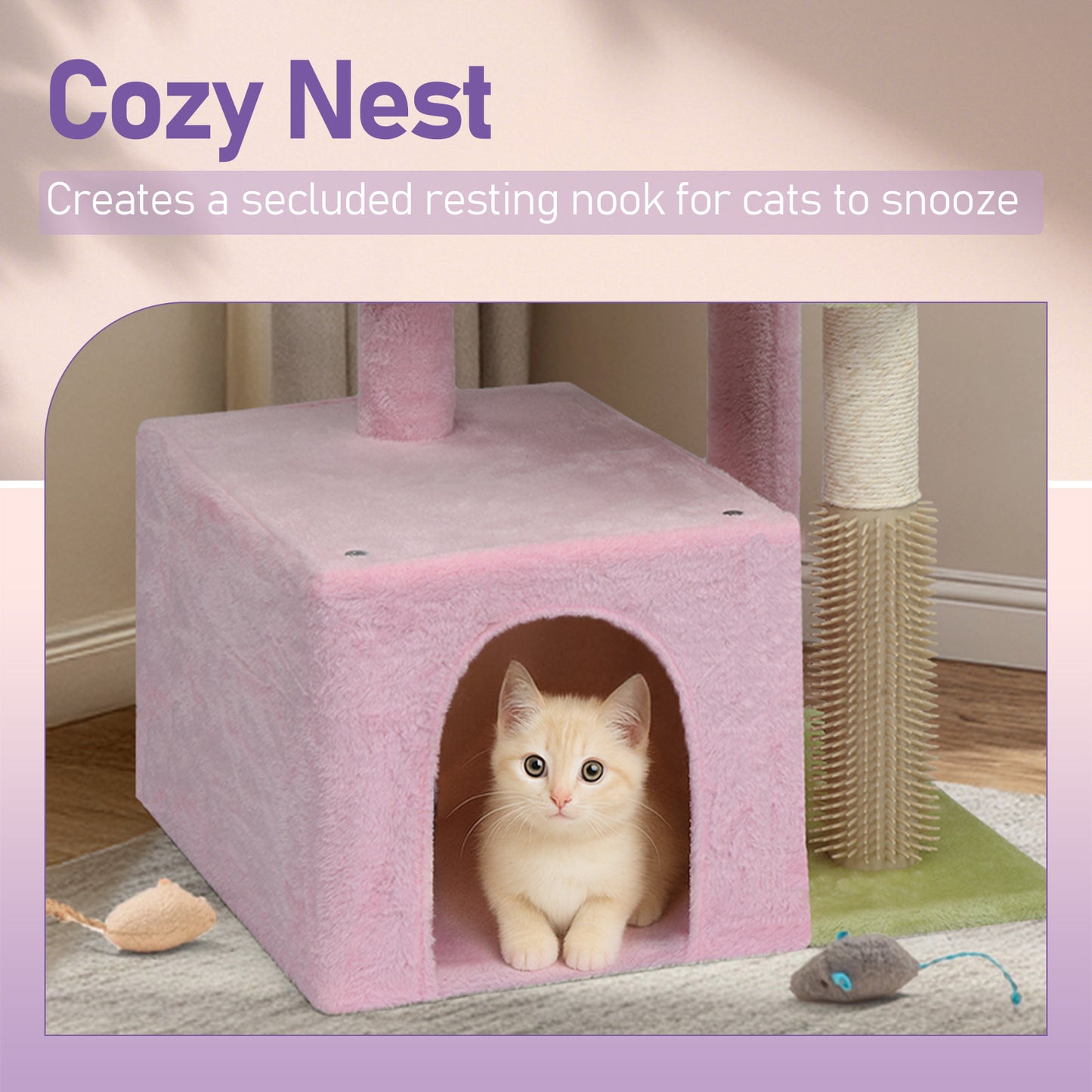 27.5in Cat Tree, Multi-level Cat Tower with Cat Scratching Post and Pad, Cozy Cat Condo, Padded Top Bed for Kittens and Indoor Cats, Pink & Green