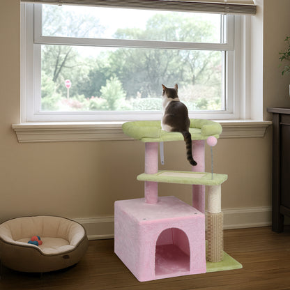 27.5in Cat Tree, Multi-level Cat Tower with Cat Scratching Post and Pad, Cozy Cat Condo, Padded Top Bed for Kittens and Indoor Cats, Pink & Green
