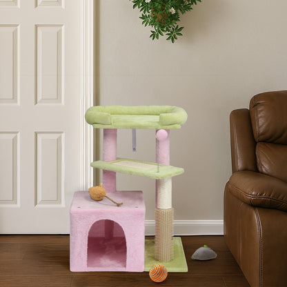 27.5in Cat Tree, Multi-level Cat Tower with Cat Scratching Post and Pad, Cozy Cat Condo, Padded Top Bed for Kittens and Indoor Cats, Pink & Green
