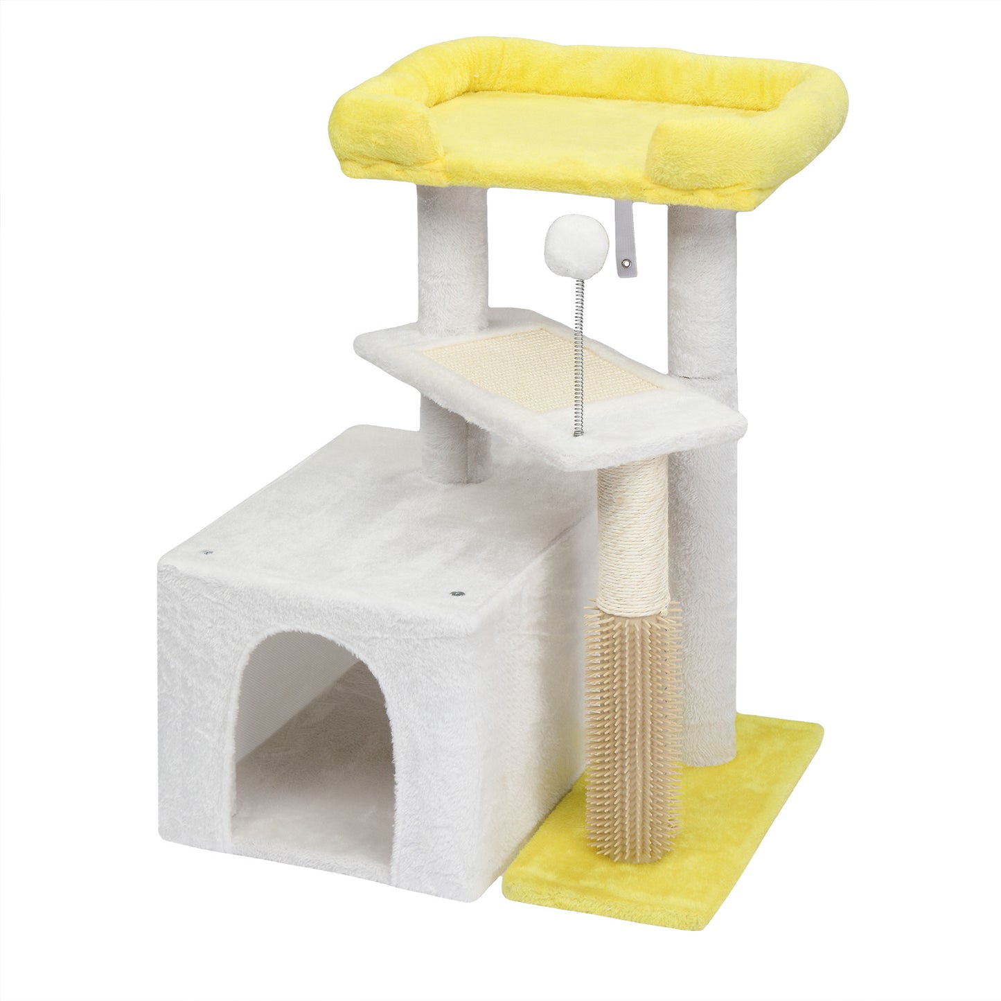 27.5in Cat Tree, Multi-level Cat Tower with Cat Scratching Post and Pad, Cozy Cat Condo, Padded Top Bed for Kittens and Indoor Cats, Yellow & White