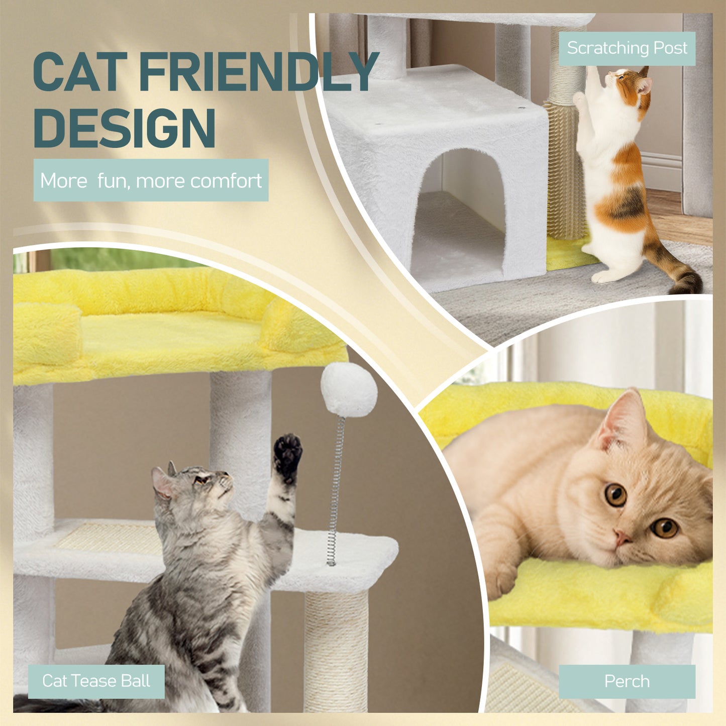 27.5in Cat Tree, Multi-level Cat Tower with Cat Scratching Post and Pad, Cozy Cat Condo, Padded Top Bed for Kittens and Indoor Cats, Yellow & White