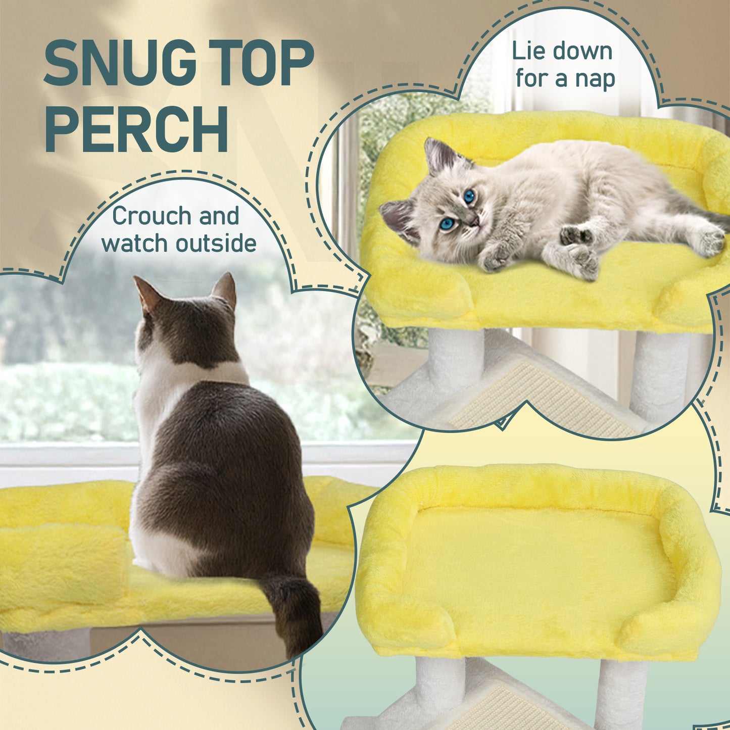 27.5in Cat Tree, Multi-level Cat Tower with Cat Scratching Post and Pad, Cozy Cat Condo, Padded Top Bed for Kittens and Indoor Cats, Yellow & White