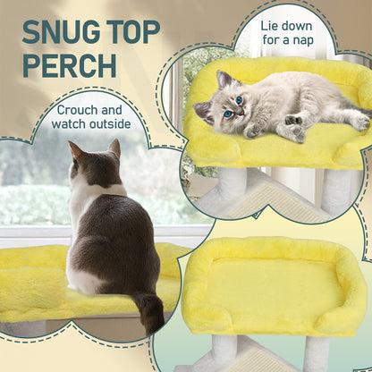27.5in Cat Tree, Multi-level Cat Tower with Cat Scratching Post and Pad, Cozy Cat Condo, Padded Top Bed for Kittens and Indoor Cats, Yellow & White