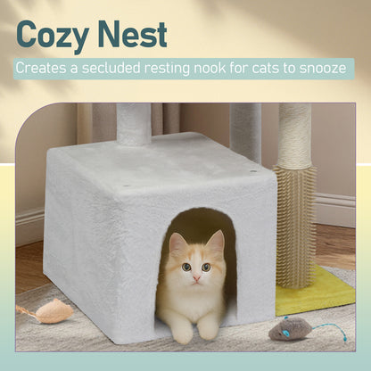 27.5in Cat Tree, Multi-level Cat Tower with Cat Scratching Post and Pad, Cozy Cat Condo, Padded Top Bed for Kittens and Indoor Cats, Yellow & White