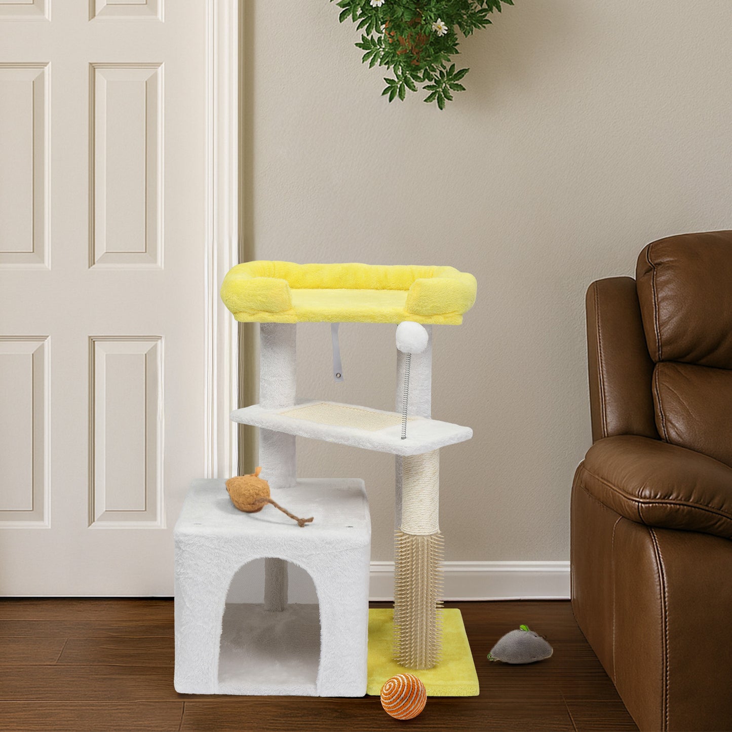 27.5in Cat Tree, Multi-level Cat Tower with Cat Scratching Post and Pad, Cozy Cat Condo, Padded Top Bed for Kittens and Indoor Cats, Yellow & White