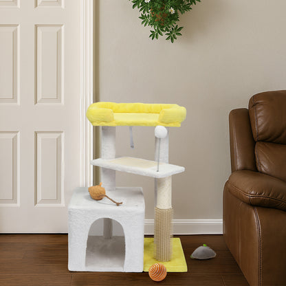 27.5in Cat Tree, Multi-level Cat Tower with Cat Scratching Post and Pad, Cozy Cat Condo, Padded Top Bed for Kittens and Indoor Cats, Yellow & White