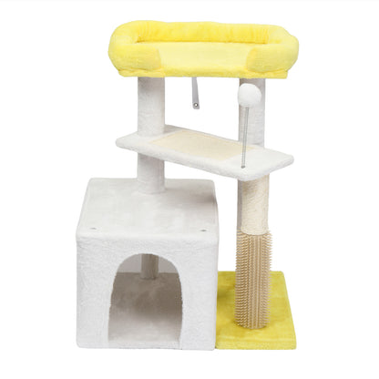 27.5in Cat Tree, Multi-level Cat Tower with Cat Scratching Post and Pad, Cozy Cat Condo, Padded Top Bed for Kittens and Indoor Cats, Yellow & White