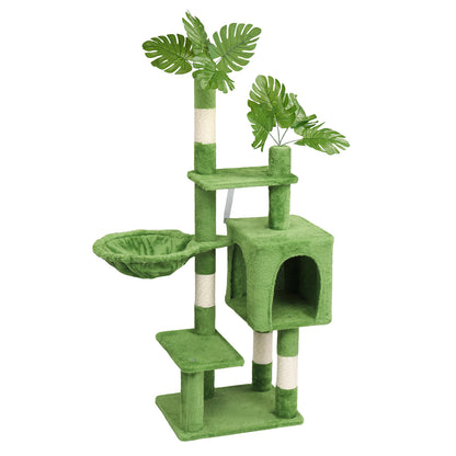 48in Plush Cat Tree with Leaves, Multi-level Cat Tower with Cat Condo, Cozy Hammock, Sisal Scratching Posts, Large Cat Pet Activity Center for Indoor Cats, Green
