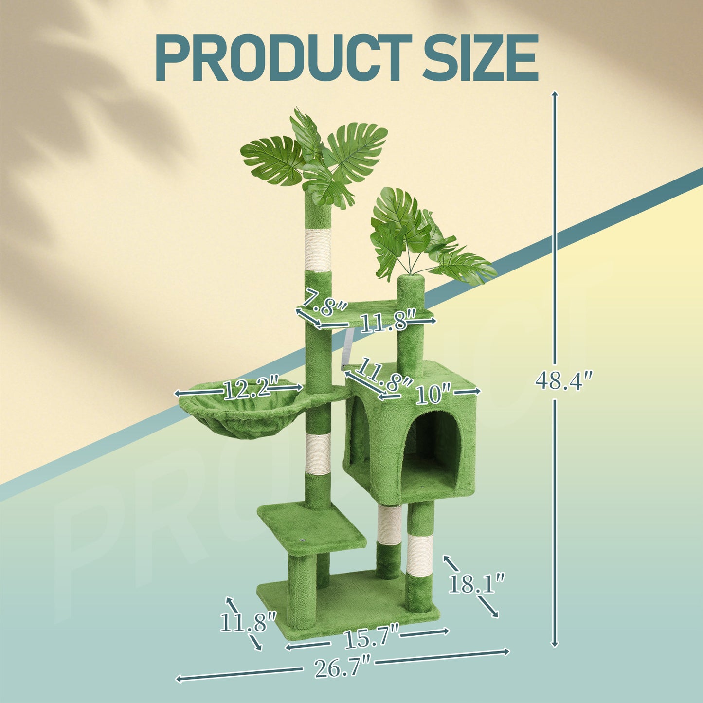 48in Plush Cat Tree with Leaves, Multi-level Cat Tower with Cat Condo, Cozy Hammock, Sisal Scratching Posts, Large Cat Pet Activity Center for Indoor Cats, Green