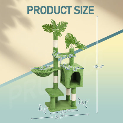 48in Plush Cat Tree with Leaves, Multi-level Cat Tower with Cat Condo, Cozy Hammock, Sisal Scratching Posts, Large Cat Pet Activity Center for Indoor Cats, Green