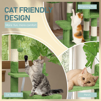 48in Plush Cat Tree with Leaves, Multi-level Cat Tower with Cat Condo, Cozy Hammock, Sisal Scratching Posts, Large Cat Pet Activity Center for Indoor Cats, Green