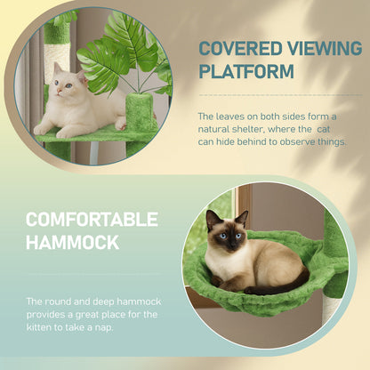 48in Plush Cat Tree with Leaves, Multi-level Cat Tower with Cat Condo, Cozy Hammock, Sisal Scratching Posts, Large Cat Pet Activity Center for Indoor Cats, Green