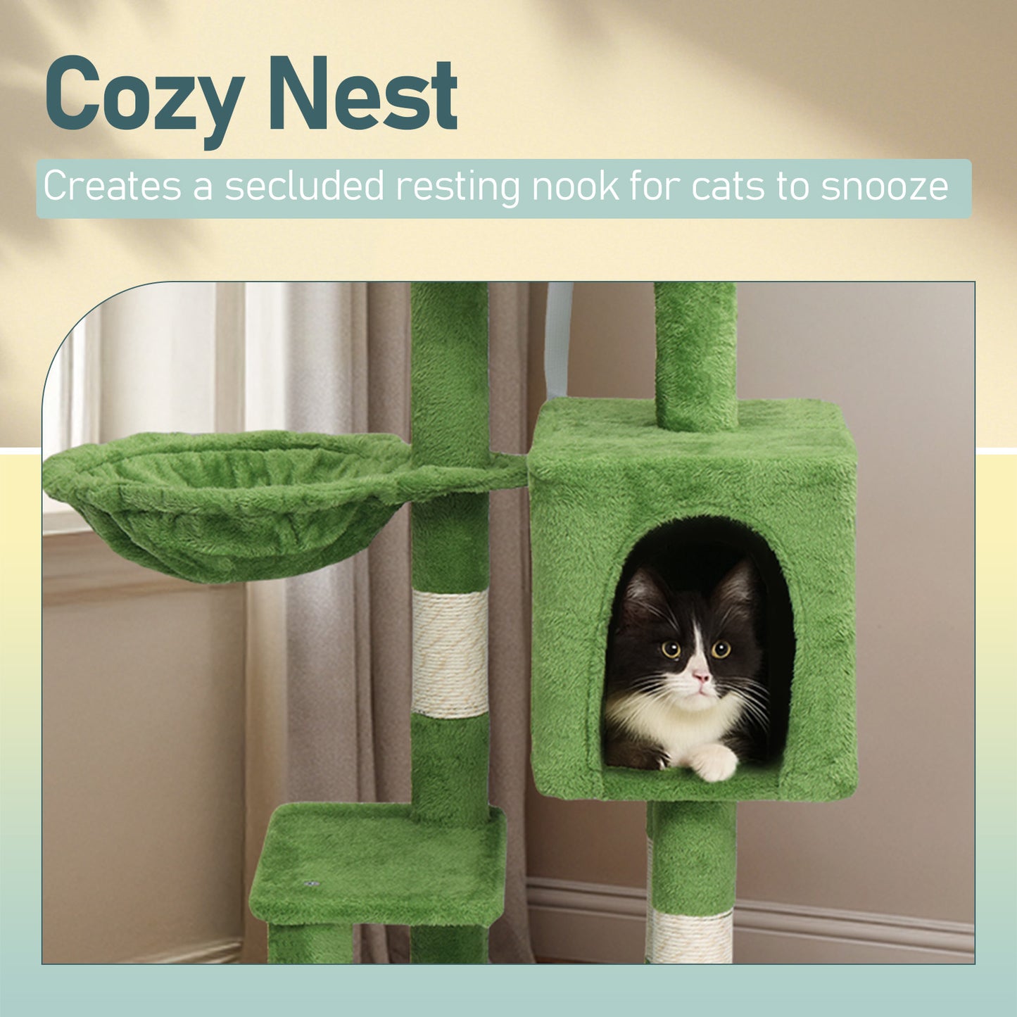 48in Plush Cat Tree with Leaves, Multi-level Cat Tower with Cat Condo, Cozy Hammock, Sisal Scratching Posts, Large Cat Pet Activity Center for Indoor Cats, Green