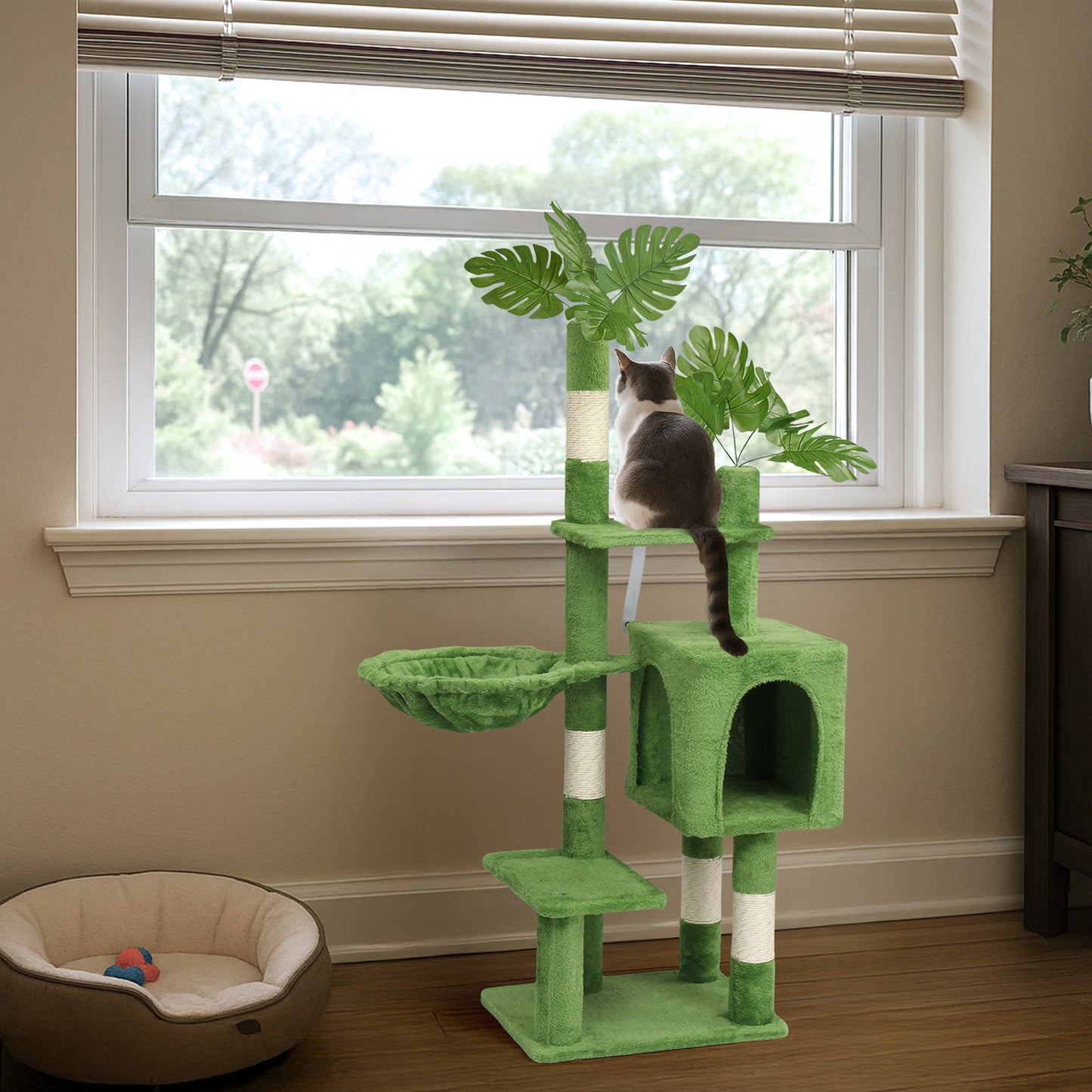 48in Plush Cat Tree with Leaves, Multi-level Cat Tower with Cat Condo, Cozy Hammock, Sisal Scratching Posts, Large Cat Pet Activity Center for Indoor Cats, Green