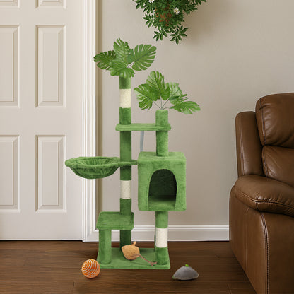 48in Plush Cat Tree with Leaves, Multi-level Cat Tower with Cat Condo, Cozy Hammock, Sisal Scratching Posts, Large Cat Pet Activity Center for Indoor Cats, Green