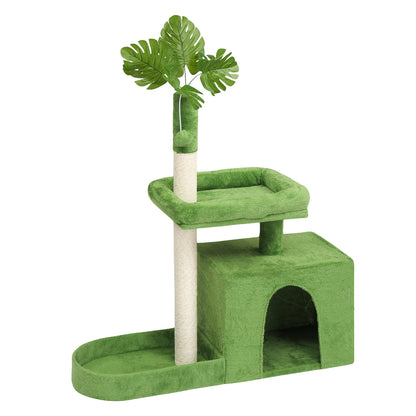 36in Cat Tree with Leaves, Multi-level Cat Tower with Cat Scratching Post, Cozy Cat Condo, Padded Beds, Dangling Ball for Kittens and Indoor Cats, Green