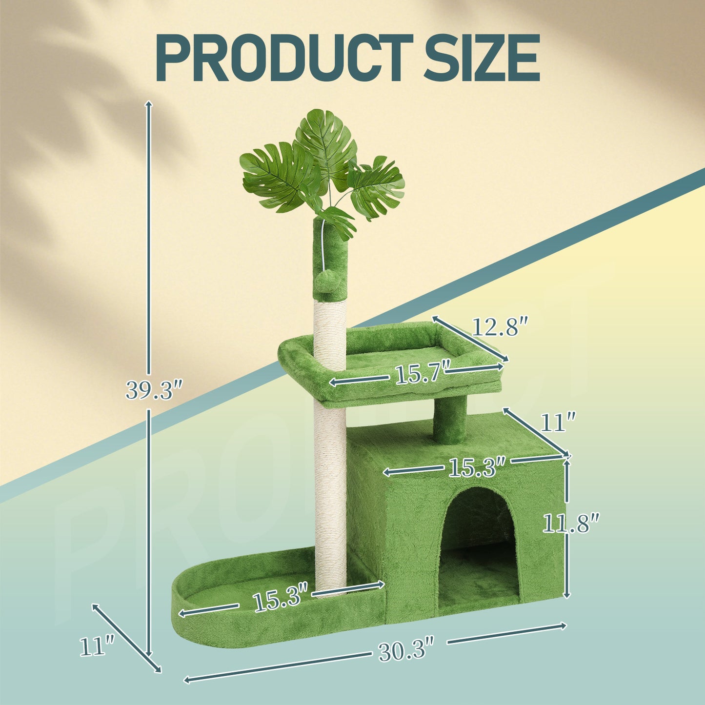 36in Cat Tree with Leaves, Multi-level Cat Tower with Cat Scratching Post, Cozy Cat Condo, Padded Beds, Dangling Ball for Kittens and Indoor Cats, Green