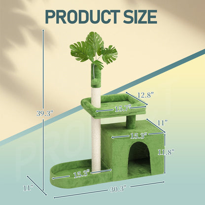 36in Cat Tree with Leaves, Multi-level Cat Tower with Cat Scratching Post, Cozy Cat Condo, Padded Beds, Dangling Ball for Kittens and Indoor Cats, Green