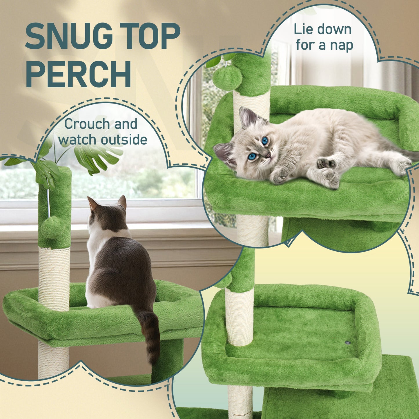 36in Cat Tree with Leaves, Multi-level Cat Tower with Cat Scratching Post, Cozy Cat Condo, Padded Beds, Dangling Ball for Kittens and Indoor Cats, Green