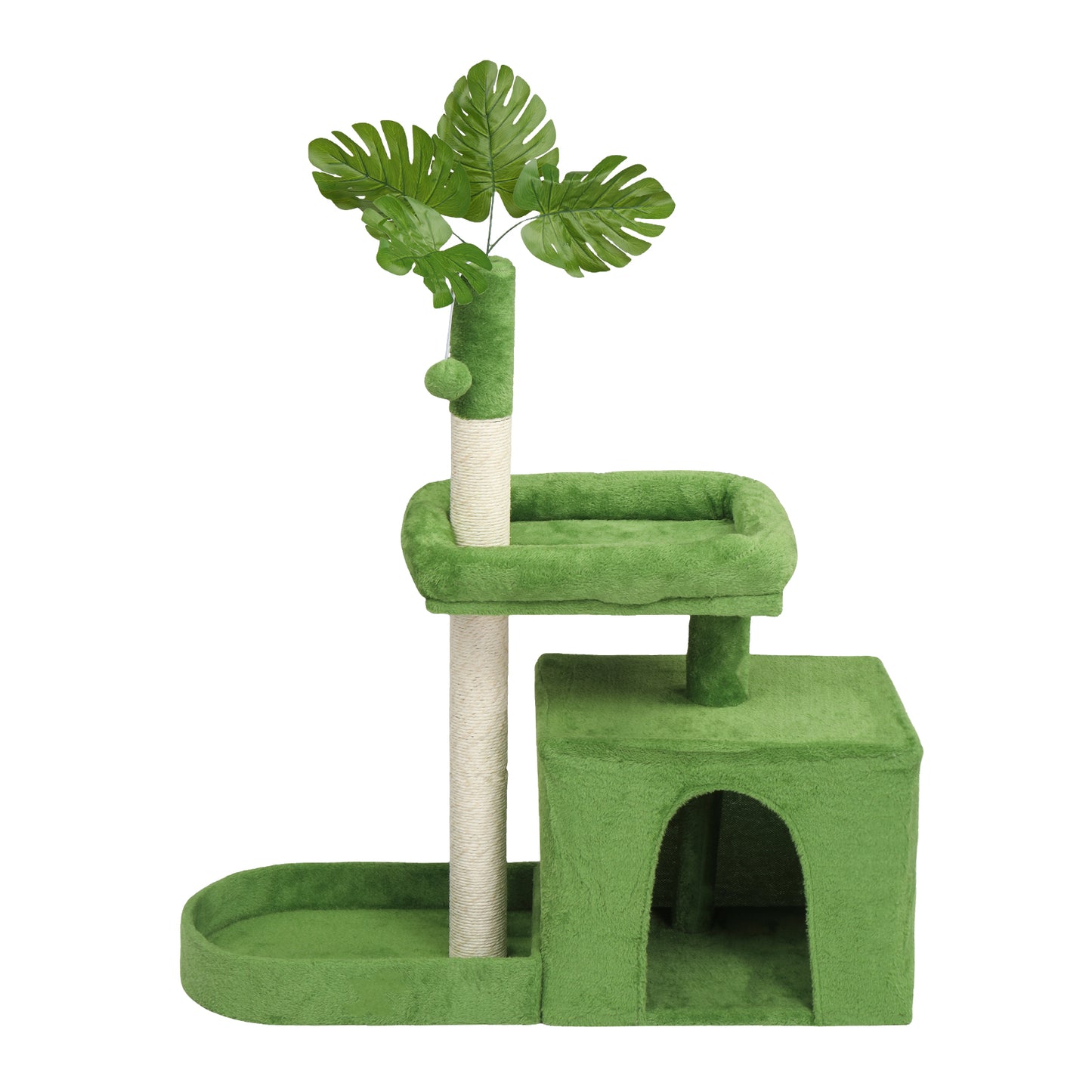 36in Cat Tree with Leaves, Multi-level Cat Tower with Cat Scratching Post, Cozy Cat Condo, Padded Beds, Dangling Ball for Kittens and Indoor Cats, Green